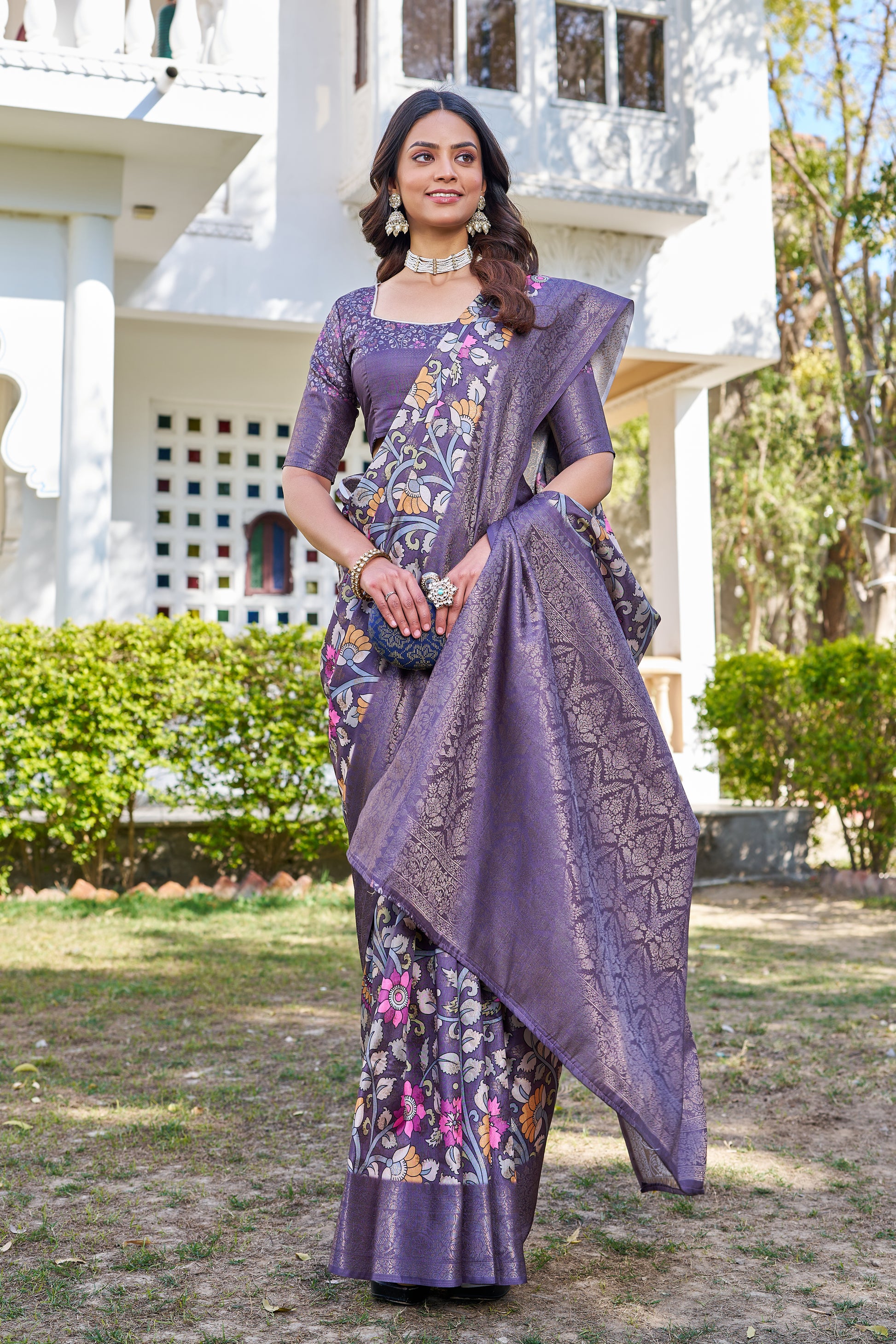 Elegant Digital Floral Print on Pure Linen Silk
