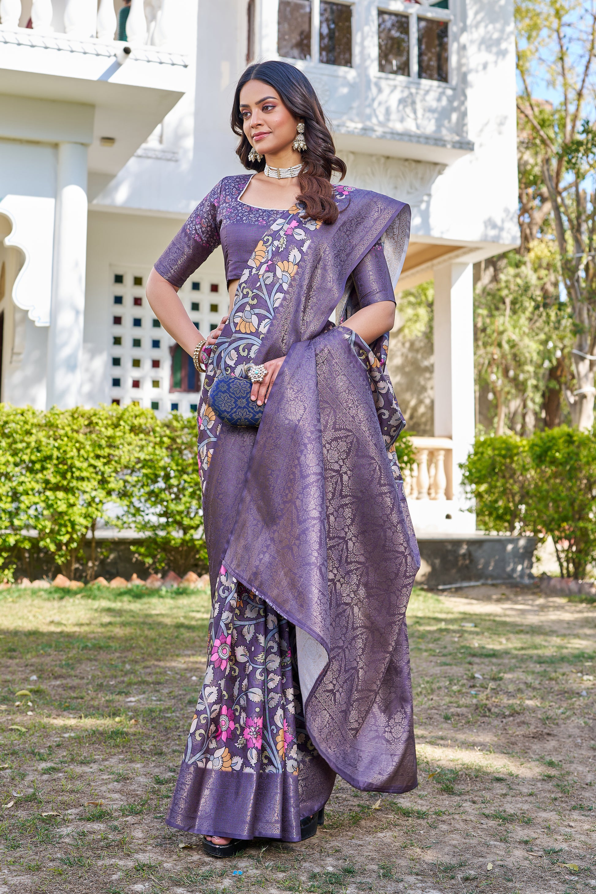Elegant Digital Floral Print on Pure Linen Silk