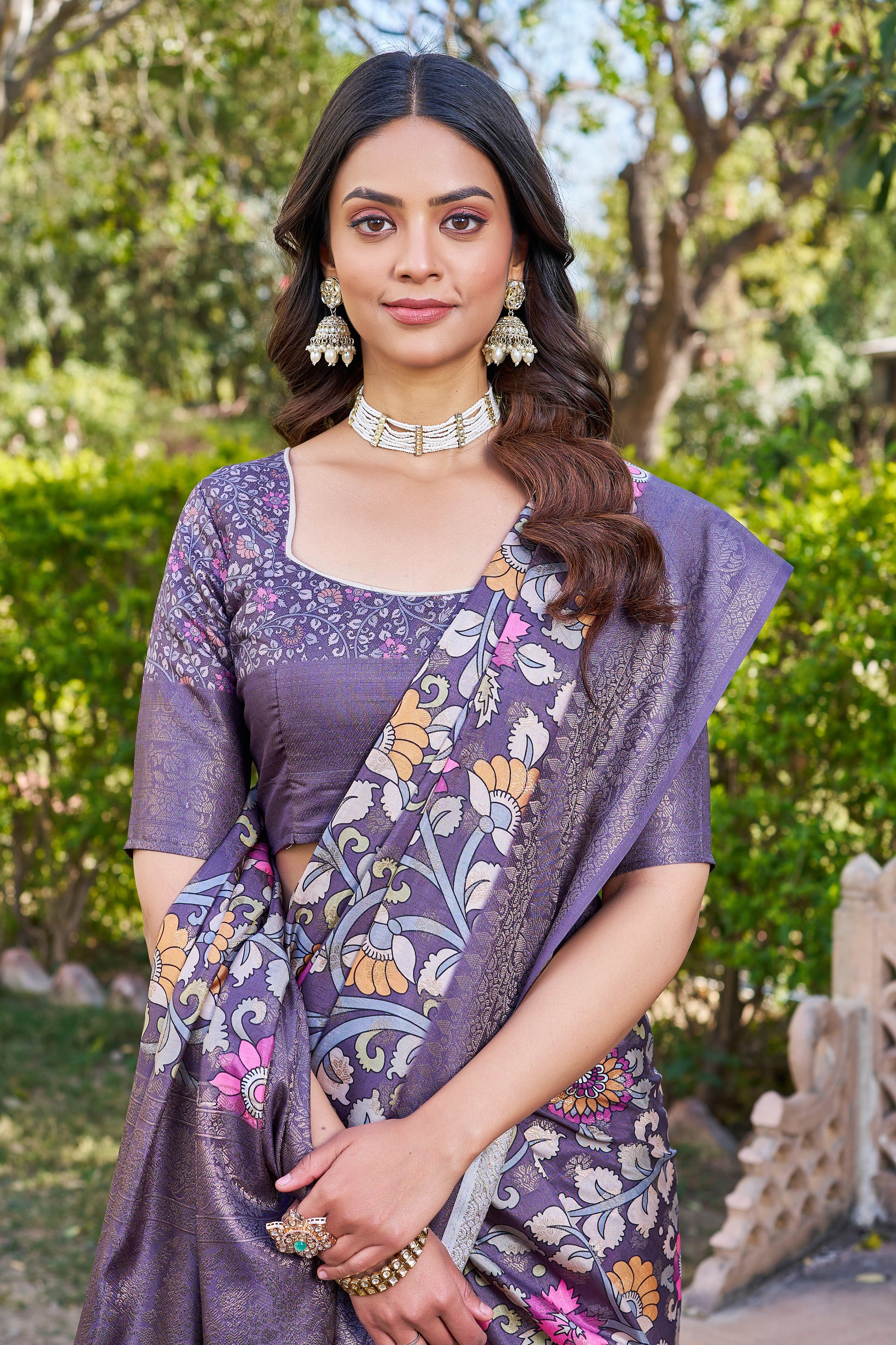 Elegant Digital Floral Print on Pure Linen Silk