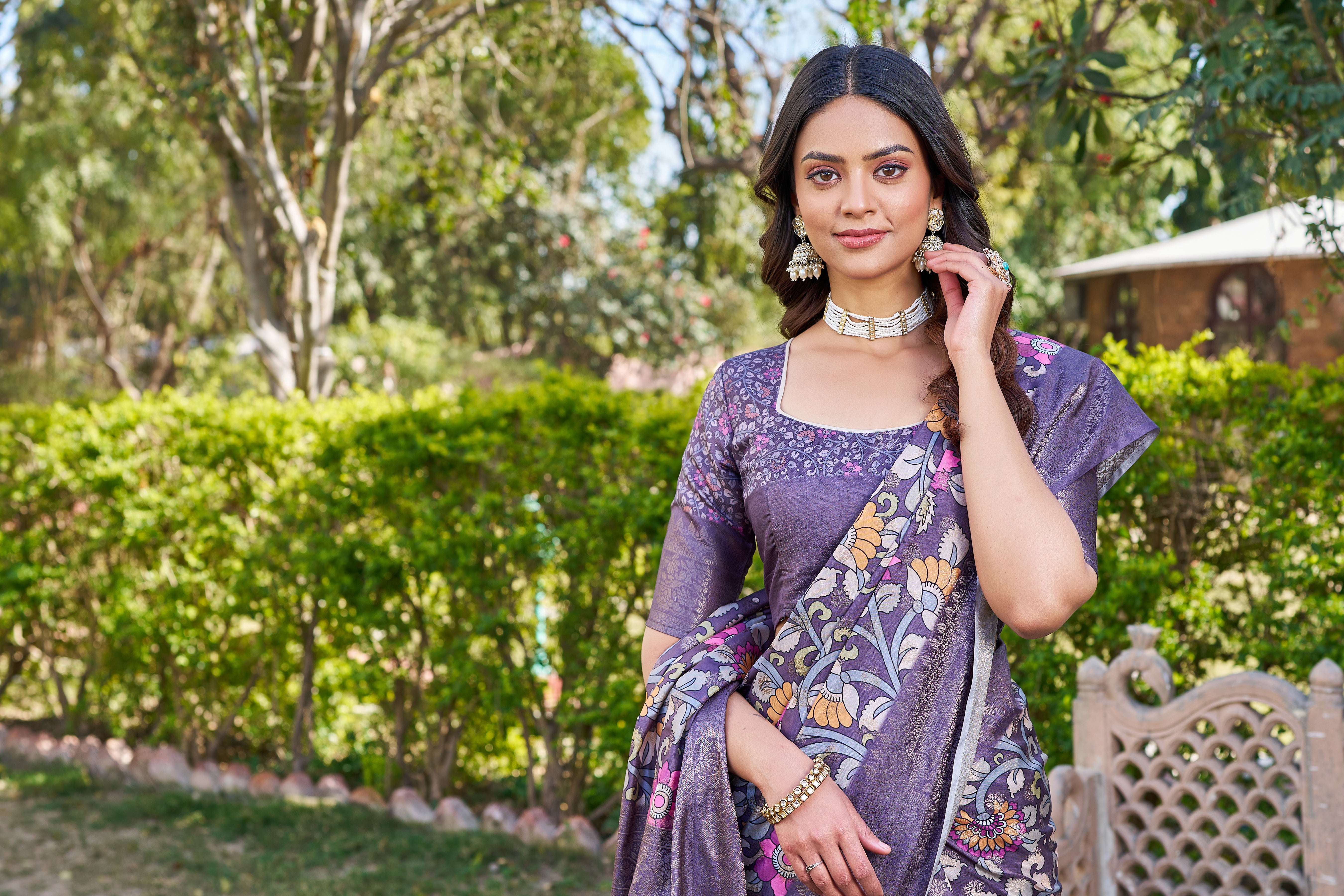Elegant Digital Floral Print on Pure Linen Silk