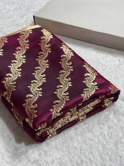 Cross Pattern Banarasi Satin Silk Saree | Jacquard Weave Satin Katan Silk Saree for Women