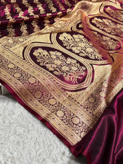 Cross Pattern Banarasi Satin Silk Saree | Jacquard Weave Satin Katan Silk Saree for Women