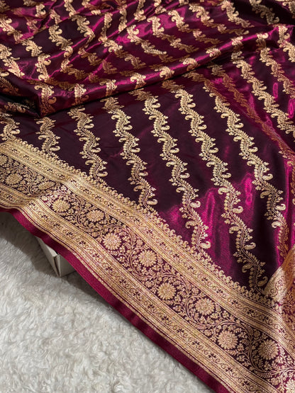 Cross Pattern Banarasi Satin Silk Saree | Jacquard Weave Satin Katan Silk Saree for Women