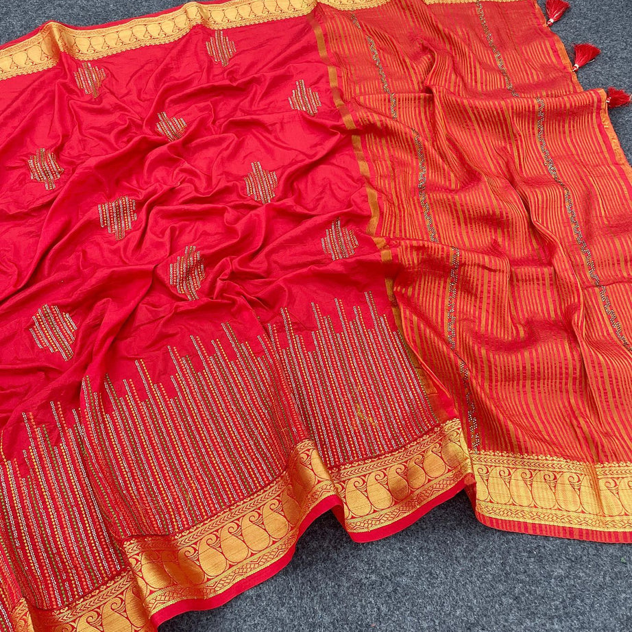 Beautiful Embroidered Designer Silk Saree With Embroidered Blouse