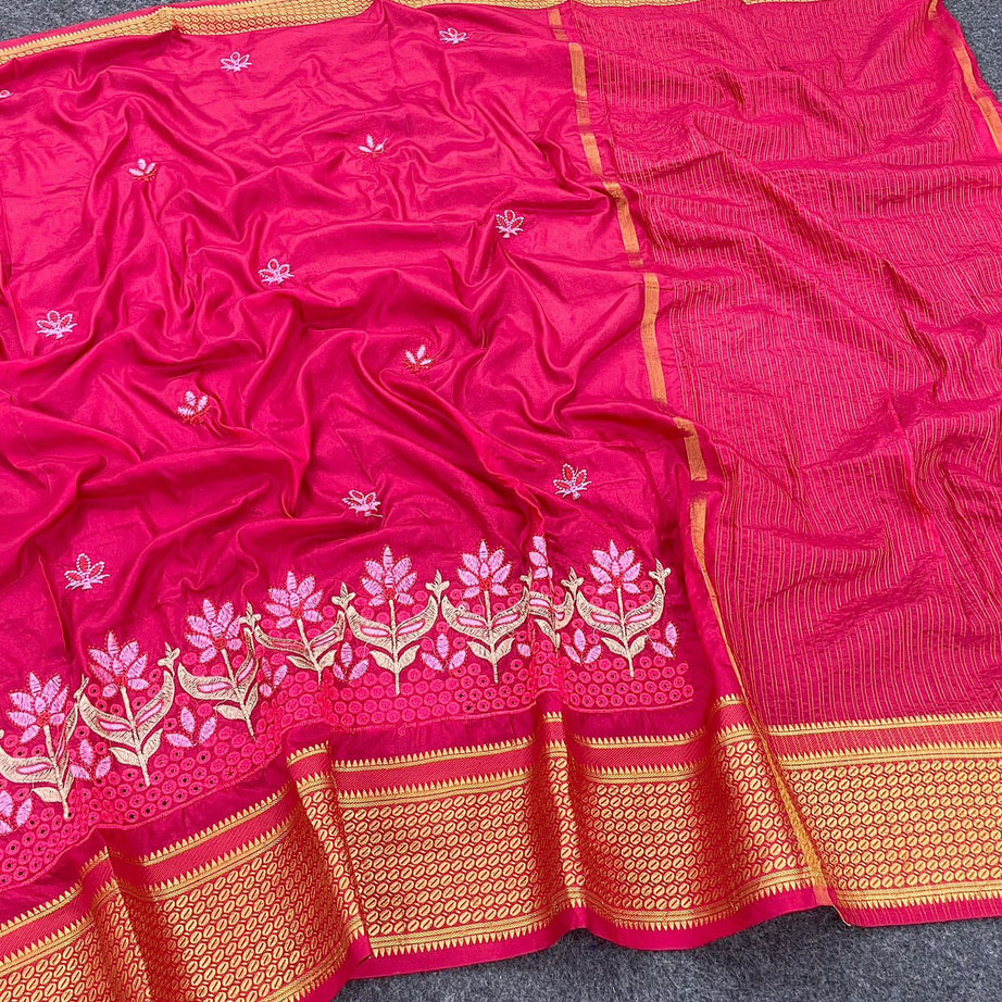 Beautiful Embroidered Designer Silk Saree With Embroidered Blouse