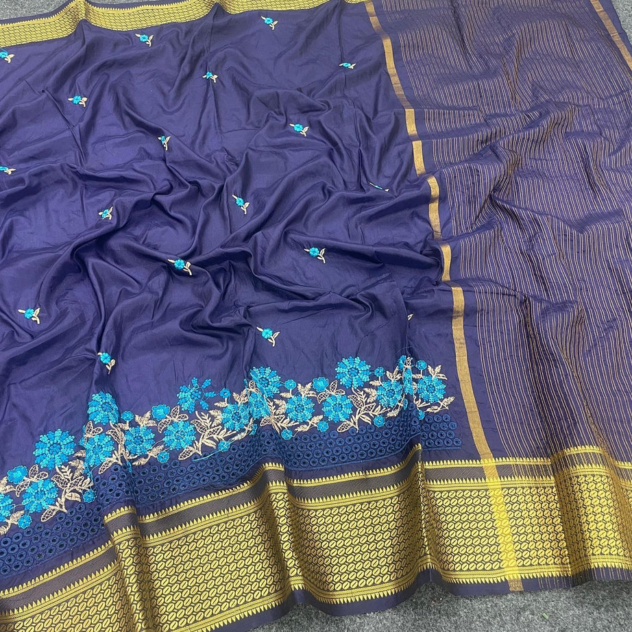 Beautiful Embroidered Designer Silk Saree With Embroidered Blouse