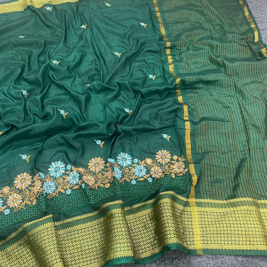 Beautiful Embroidered Designer Silk Saree With Embroidered Blouse