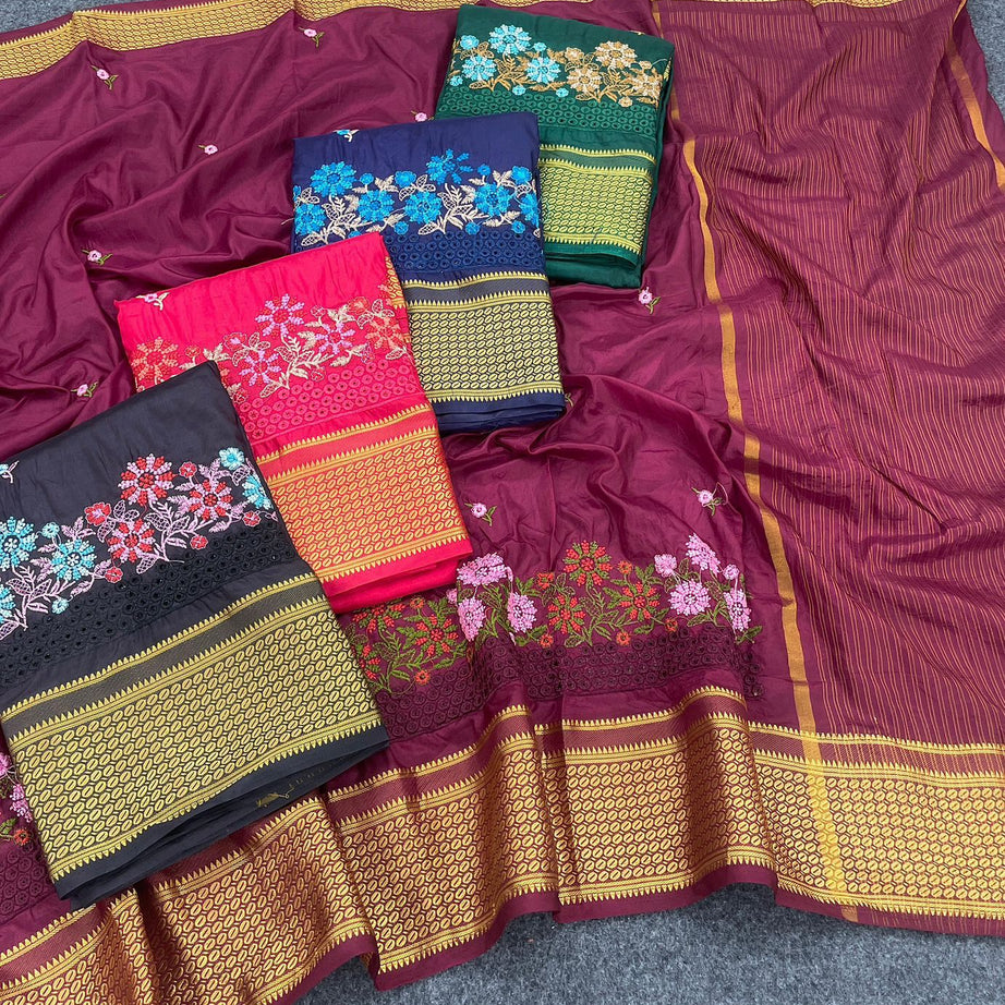 Beautiful Embroidered Designer Silk Saree With Embroidered Blouse