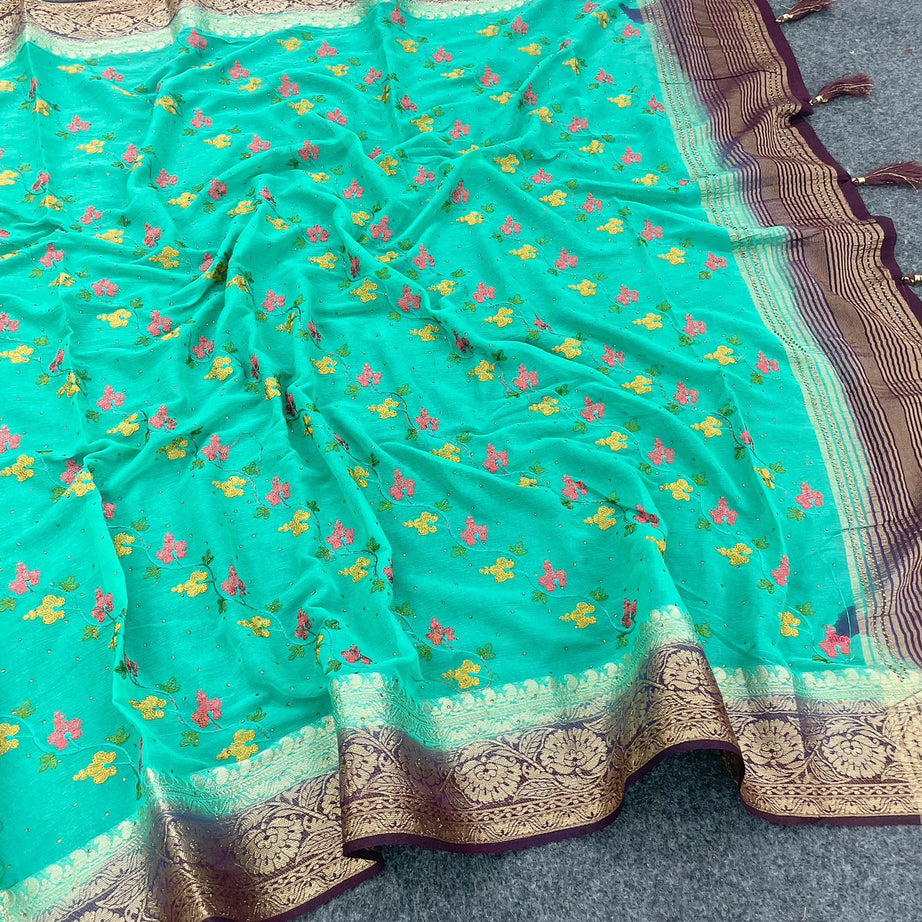 Beautiful Embroidered Designer Silk Saree With Embroidered Blouse