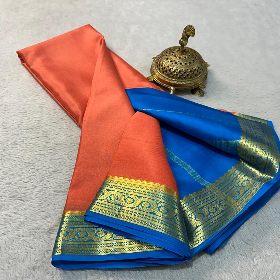 💞Beautiful Pure Mysore silk sarees in Elegant Traditional border in beautiful contrast colour combination 💞