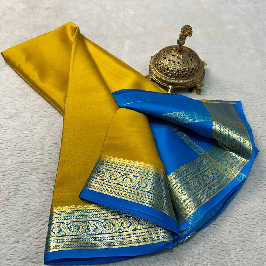 💞Beautiful Pure Mysore silk sarees in Elegant Traditional border in beautiful contrast colour combination 💞