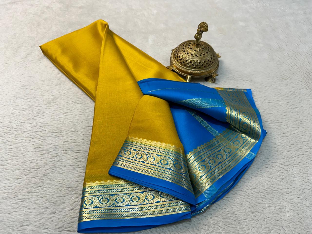 Majestic Drape: Mysore Silk Saree with Bold & Beautiful Zari Work