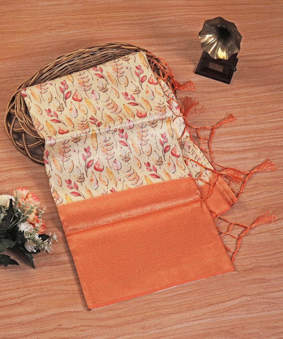 latest soft silk printed saree in orange colour saree