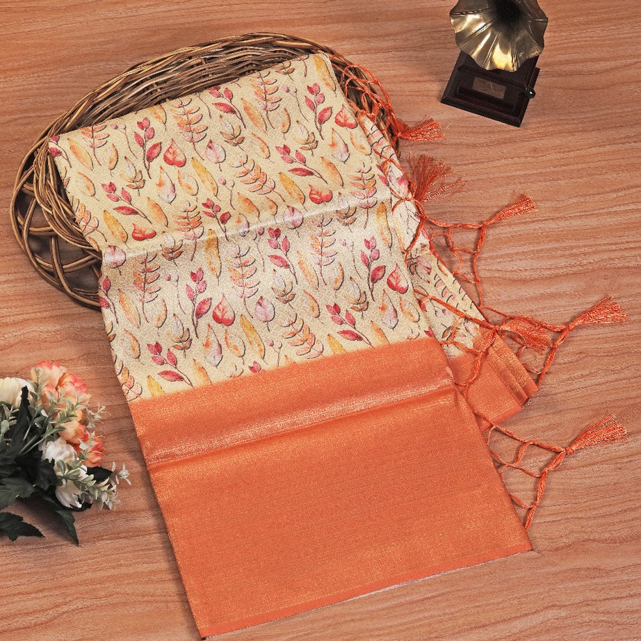 latest soft silk printed saree in orange colour saree