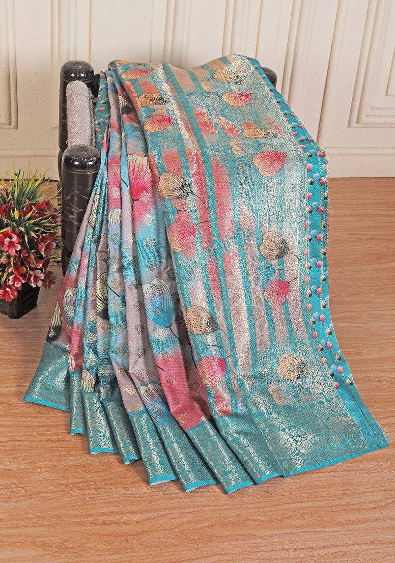 latest soft silk printed saree in blue colour