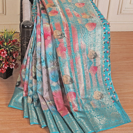 latest soft silk printed saree in blue colour