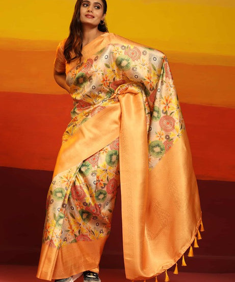 Modern Elegance: Digitally Printed Soft Silk Sarees in Golden