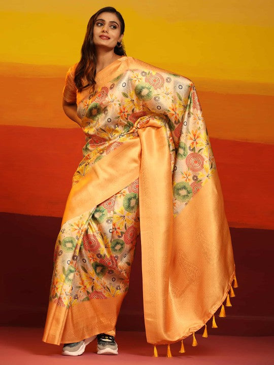 Modern Elegance: Digitally Printed Soft Silk Sarees in Golden