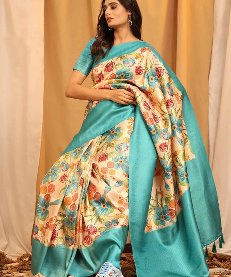 Modern Elegance: Digitally Printed Soft Silk Sarees in Pastel Blue