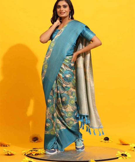 Modern Elegance: Digitally Printed Soft Silk Sarees in Light blue