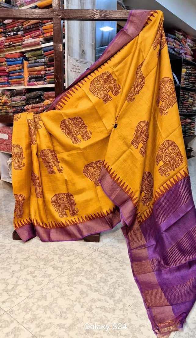 Tussar Handprint Sarees with Elegant Kanchi Pallu in Mustard