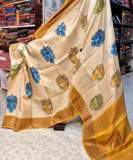 Tussar Handprint Sarees with Elegant Kanchi Pallu in Cream