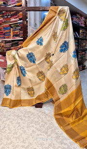 Tussar Handprint Sarees with Elegant Kanchi Pallu in Cream