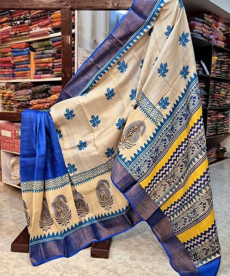 Tussar Handprint Sarees with Elegant Kanchi Pallu in Royal Blue