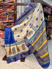 Royal Grace: Tussar Handprint Sarees with Elegant Kanchi Pallu in Blue