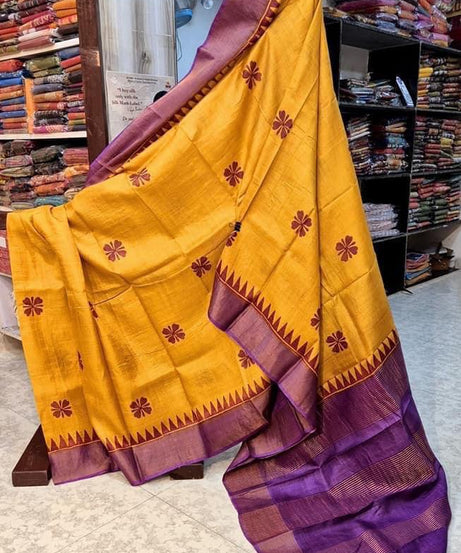 Tussar Handprint Sarees with Elegant Kanchi Pallu in Golden