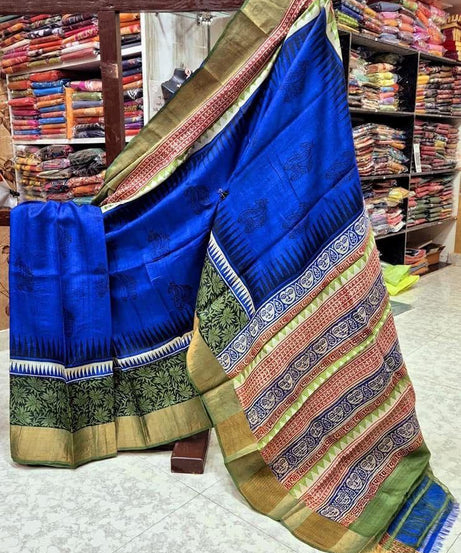 Tussar Handprint Sarees with Elegant Kanchi Pallu in Royal blue