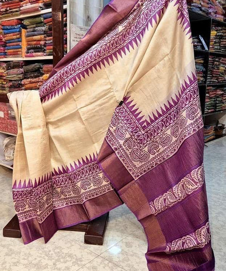 Tussar Handprint Sarees with Elegant Kanchi Pallu in Purple