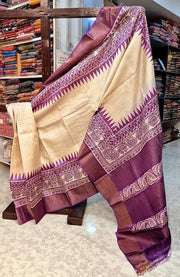 Tussar Handprint Sarees with Elegant Kanchi Pallu in Purple