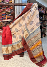 Timeless Sophistication: Cream Tussar Handprint Sarees with Kanchi Pallu