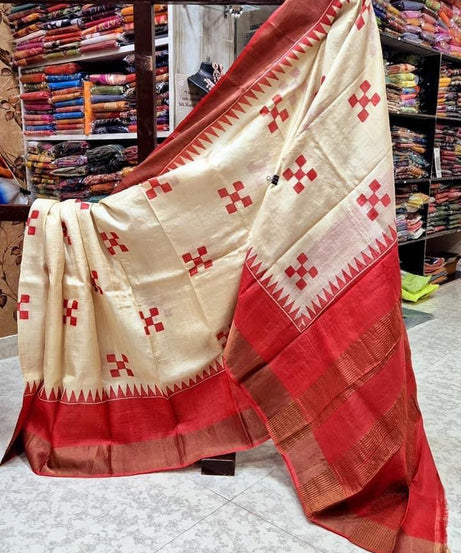 Tussar Handprint Sarees with Elegant Kanchi Pallu in Red