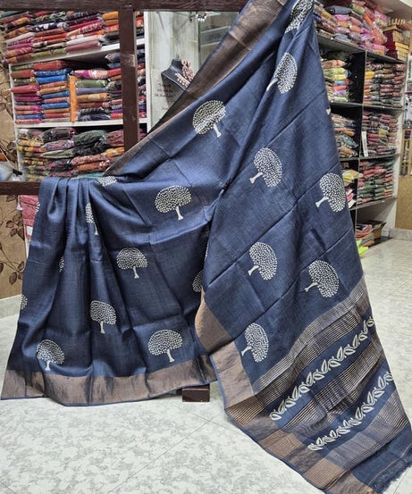 Tussar Handprint Sarees with Elegant Kanchi Pallu in Grey