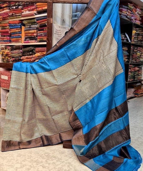 Tussar Handprint Sarees with Elegant Kanchi Pallu in Blue