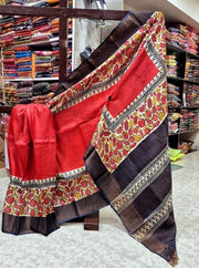 Tussar Handprint Sarees with Elegant Kanchi Pallu in Red