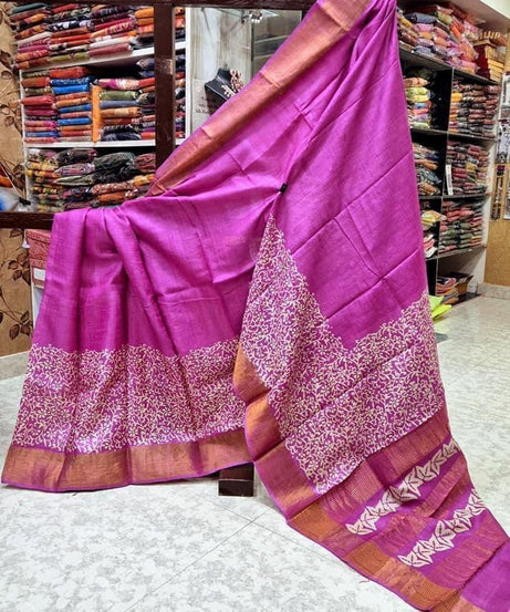 Tussar Handprint Sarees with Elegant Kanchi Pallu in Purple