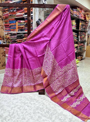 Royal Allure: Tussar Handprint Saree with Majestic Kanchi Pallu in Purple
