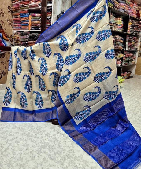 Tussar Handprint Sarees with Elegant Kanchi Pallu in Blue