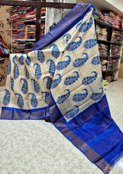 Regal Appeal: Tussar Handprint Sarees with Stunning Kanchi Pallu in Blue