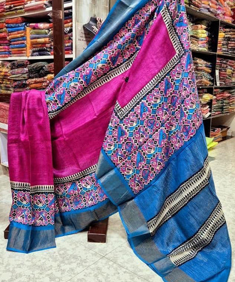 Tussar Handprint Sarees with Elegant Kanchi Pallu in Pink