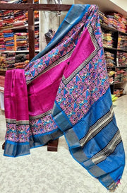 Tussar Handprint Sarees with Elegant Kanchi Pallu in Pink