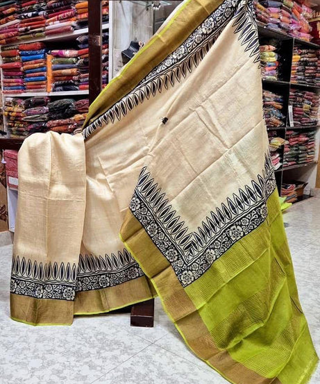 Tussar Handprint Sarees with Elegant Kanchi Pallu in Cream