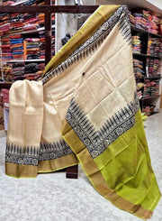 Subtle Luxury: Tussar Silk Handprint Sarees with Elegant Kanchi Pallu in Cream