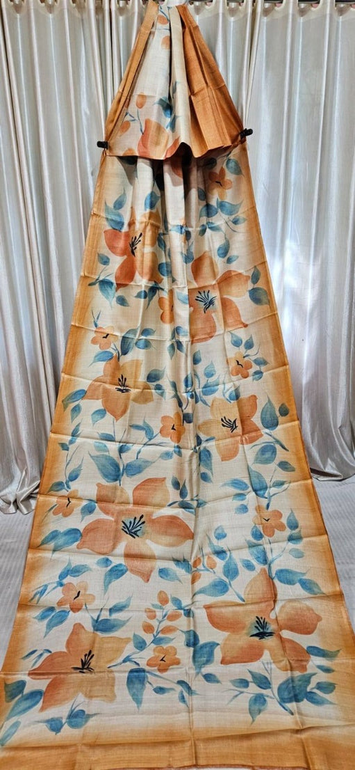 Pure Bishnupuri Tussar Silk Saree with Special Hand-Painted Design and Blouse Piece in Mustard