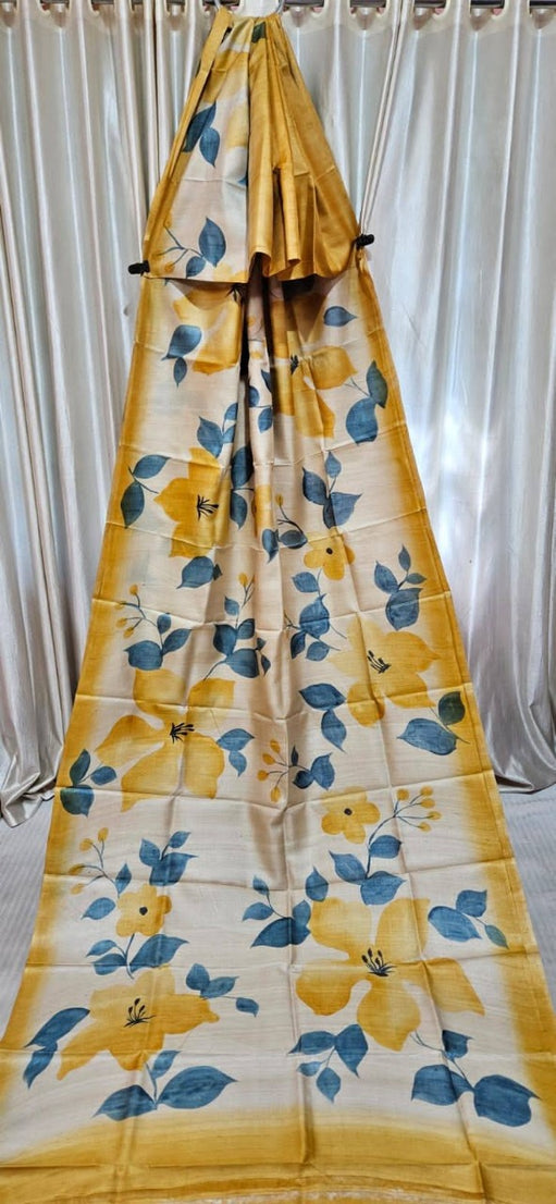 Pure Bishnupuri Tussar Silk Saree with Special Hand-Painted Design and Blouse Piece in Yellow