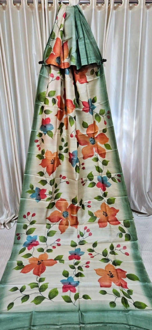 Pure Bishnupuri Tussar Silk Saree with Special Hand-Painted Design and Blouse Piece in Green