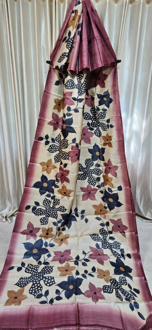 Pure Bishnupuri Tussar Silk Saree with Special Hand-Painted Design and Blouse Piece in Wine